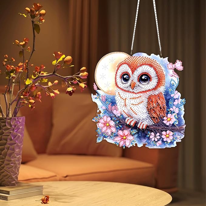 Lxmsja DIY Adorable Owl Diamond Painting Hanging Ornament, Double-Sided Acrylic Moon Flowers Diamond Art Kit, Special Shaped Suncatcher Hanging Pendant Window Art Kit 8x8 inch