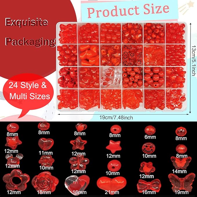 560Pcs Acrylic Red Beads Flower Heart Star Butterfly Pastel Beads Candy Color Assorted Beads Kawaii Bead Round Beads Plastic Beads Bulk for Bracelets Jewelry Making Necklaces DIY Crafts