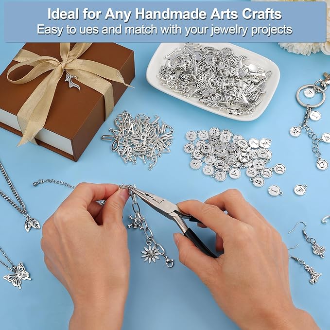 Modacraft 254 Pcs Silver Charms for Jewelry Making with Alphabet Letters, Wholesale Bulk Tibetan Silver Charm Pendants for Bracelet Necklace DIY Crafting