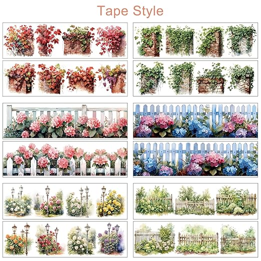 PET Tape Stickers for Journaling 6 Rolls Pre-Cut Flower Washi Tape Stickers Decorative Tape for Crafts Scrapbooking Junk Journal Supplies, Plants Fence