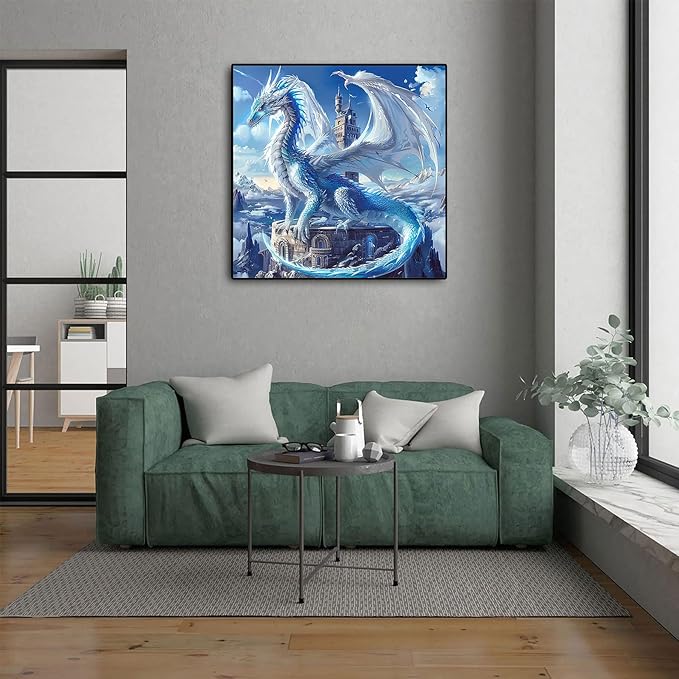 5D Ice Dragon Diamond Art Kits for Adults Beginners, DIY 5D Full Round Drill Diamond Painting Kits Sky King, Paint by Diamonds Dot Gem Art Crystal White Dragon Easy,Home Wall Decor 13.7 X 13.7 Inch