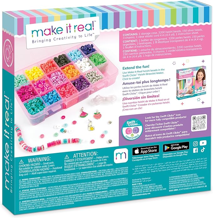 Make It Real Swift Clicks Heishi Bracelet Maker Beads with Storage Case - 3,356 Colorful Beads for Kids Ages 8+
