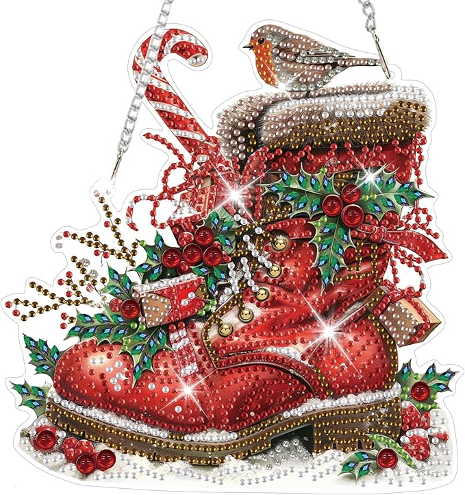 HEIBAGO Winter Boots Diamond Art Hanging Kits for Adults Kids, 5D Special Shaped Crystal Diamond Painting Kit, DIY Pattern Window Pendant Gem Art Kit for Home Wall Decor 8.3 x 8.3 Inch