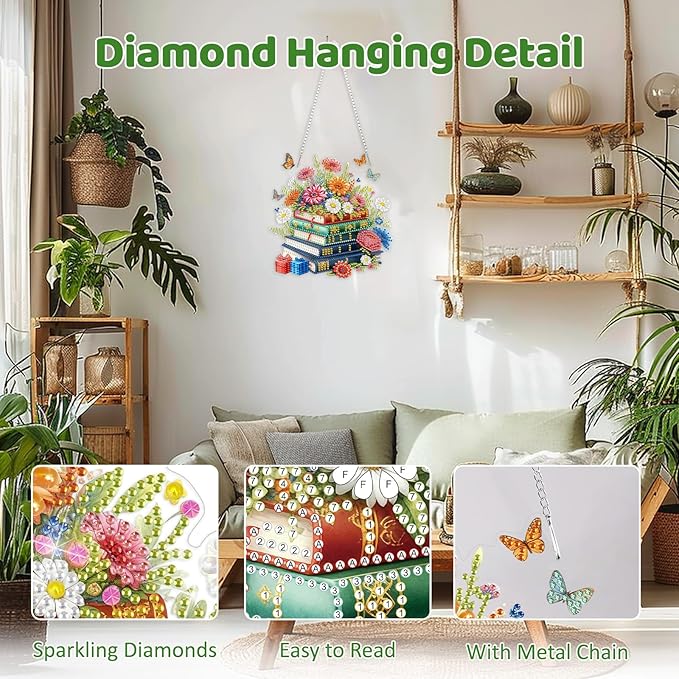 MEIYUDA Book Flowers Diamond Art Hanging Kits for Adult, Flowers Books Diamond Painting Hanging Kits Ornaments, DIY Special Shaped Rhinestone Window Pendants Kit for Home Garden Wall Decor Gift
