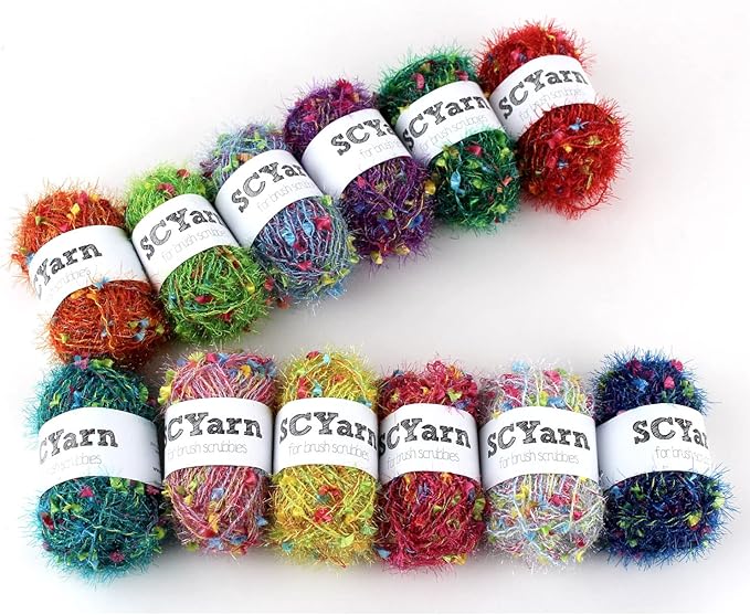 for Scrubbies 12 Skeins Bonbons Yarn Assorted Colors 100% Polyester for Scrubbies Crochet and Knitting Project - Total 648 Yards Craft Kit (Brush)