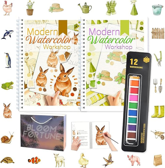 APOLYONE 2-Pack Beginner Watercolor Workbooks: 24 Coloring Pages + 12 Watercolor Paints + Brush – 300gsm/140lb Paper – Gift for Women, Adults & Beginners (Garden & Animals)