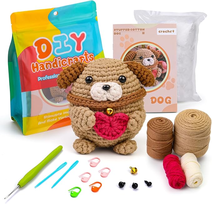 UzecPk Crochet Kit for Beginners, Crochet Kit Cotton-Nylon Blend Yarn Include Videos Tutorials Dog Crochet Set for Starters Adult Crochet Animals Kits with Enough Yarn and Accessories