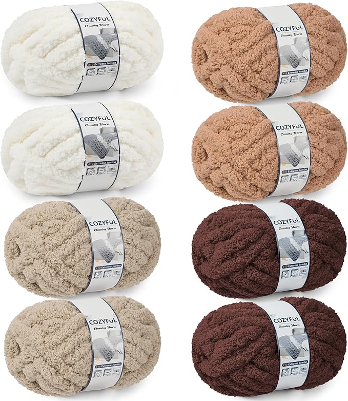Chunky Yarn for Hand Knitting - #10 Chunky Chenille Yarn, Jumbo Big Thick Chunky Yarns for Crocheting, Super Bulky Chunky Knit Blanket Yarns, 8 Skein (25yd, 8oz/Skein), Cream & Multi Coffee