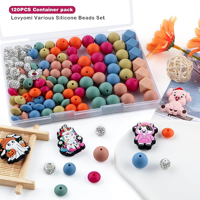 120Pcs Multicolor 12mm 15mm Silicone Beads for Keychain Making, 14mm Hexagon Beads Rhinestone Round Spacer 10mm for DIY Handicrafts(Deep)