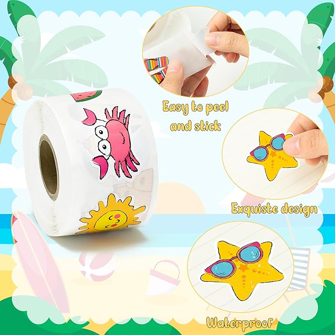 beyumi summer beach roll stickers - 1000pcs summer beach stickers in 2 rolls waterproof vinyl cute drawing style decals for phone laptop water bottle notebook luggage computer envelope decor
