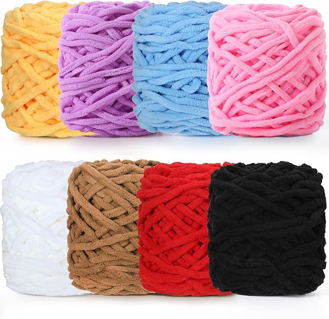 Buryeah 8 Pack Chunky Chenille Yarn for Crocheting Soft Thick Fluffy Yarn for Hand Knitting Bulky Velvet Blanket Plush for Weaving DIY Crafts Each 3.5 oz 55 Yards (Simple Colors)
