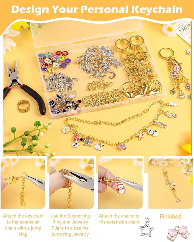FIVEIZERO 359Pcs Charms Lip Gloss Keychain Making Kit, Charm Making Kit, Bag Charm Kit, Keychain Clips, Lobster Clasps, Jump Rings, Extender Chain & Tools, Keychain Charms for DIY and Jewelry Making
