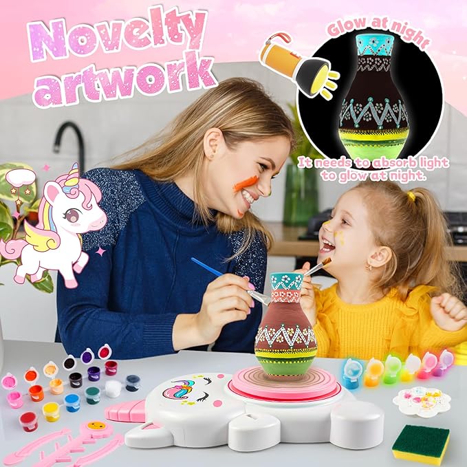 Pottery Wheel Kit for Kids with Glow Paints, Complete Pottery Arts Crafts Toys for Girls 8-12, Art Supplies for Kids 6 7 8 9 10 11 12 Toys Girls Birthday with Drawing Molds Tablecloth Air Dry Clay