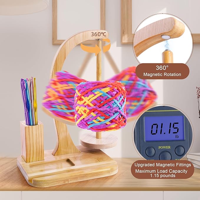 Upgraded Yarn Holder for Crocheting and Knitting,Wooden Crochet Yarn Holder Magnetic Yarn Spinner with Crochet Accessories Storage and Phone Stand,Yarn Ball Holder Crochet Gift for Knitting Lovers
