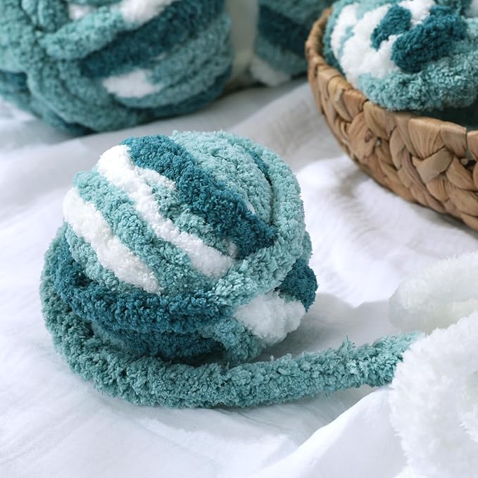 HOMBYS Chunky Tie Dye Mix Chenille Yarn for Hand Knitting, Super Bulky Jumbo Yarn for Crocheting, 3/4" Thick Soft Plush Yarn for Blankets, 8 Skein Pack (26 yds / 7.5 oz Each) Blue Multi,White