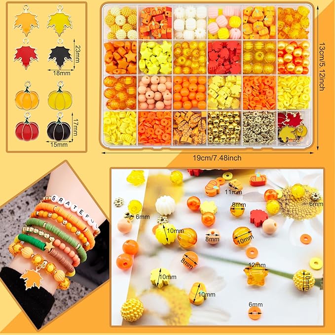 1470Pcs Fall Bracelets Kit - Thanksgiving Fall Beads for Jewelry Making - Autumn Maple Leaf Pumpkin Clay Beads Pearl Star Round Loose Spacer Heishi Beads for Necklace Earrings DIY Craft