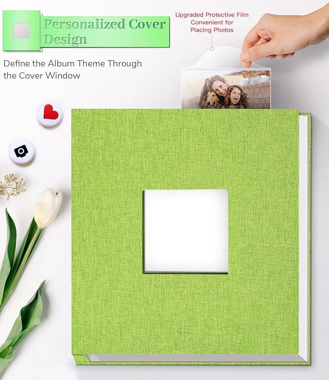 Photo Album Self Adhesive Scrapbook Album for 3x5 4x6 5x7 8x10 Pictures,40 Pages Linen Cover with Display Window DIY Photo Book,Ideal Gifts for Family Travel Wedding Baby