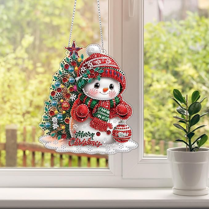 HEIBAGO Snowman Diamond Art Hanging Kits for Adults Kids, 5D Special Shaped Crystal Diamond Painting Kit, DIY Pattern Window Pendant Gem Art Kit for Home Wall Decor 8.3 x 8.3 Inch
