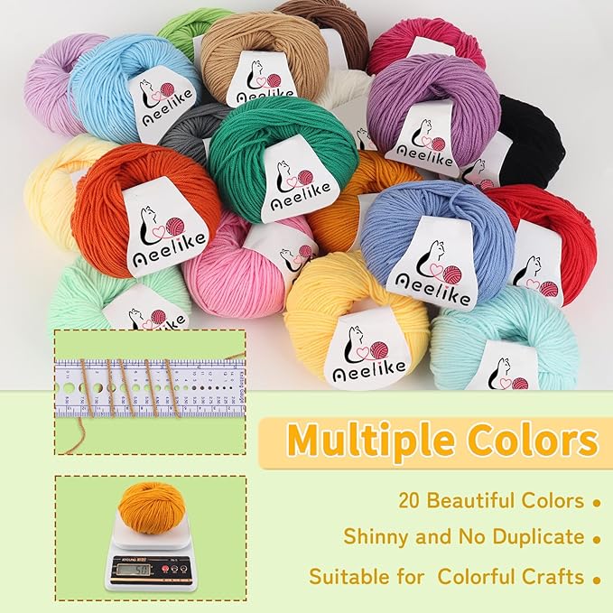 Aeelike Cotton Yarn for Crocheting, 20 PCS Multicolored Cotton Acrylic Yarns Set 4 Medium (Worsted) Crochet Yarn Bundle for Beginner Making DIY Crafts & Small Colorful Projects (Color C)