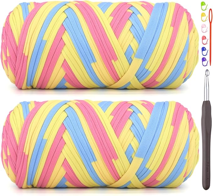 2 Pack Tshirt Yarn for Crocheting,Rainbow T Shirt Chunky Elastic Thick T-Shirt Crochet Yarn for Beginners Crocheting Hand Knitting Bag/Basket/Coasters/DIY Crafts/Home Decor 2 * 200G-Blue Pink Yellow