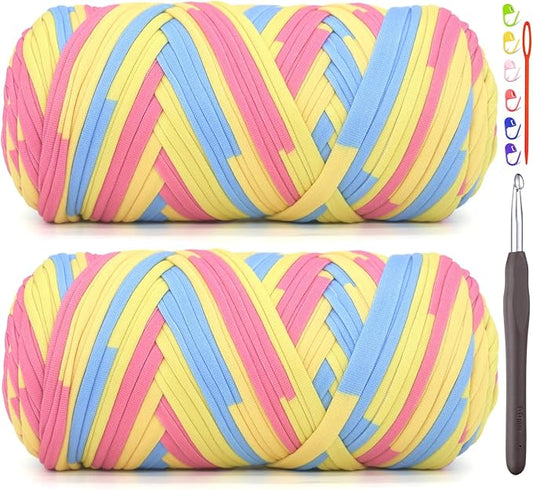 2 Pack Tshirt Yarn for Crocheting,Rainbow T Shirt Chunky Elastic Thick T-Shirt Crochet Yarn for Beginners Crocheting Hand Knitting Bag/Basket/Coasters/DIY Crafts/Home Decor 2 * 200G-Blue Pink Yellow