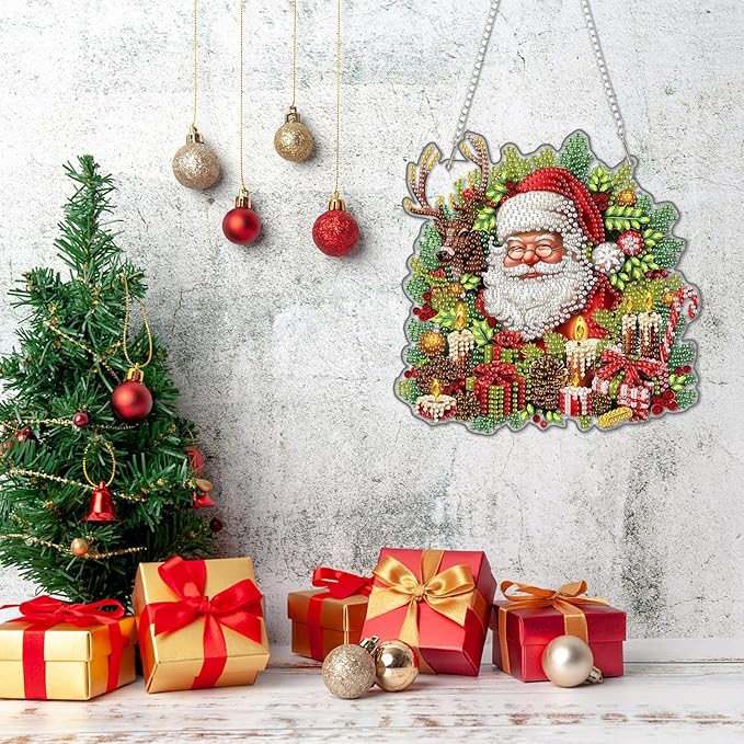 DOMROM Santa and Elk Diamond Art Hanging Kits for Adults Beginners, Christmas Special Shaped Crystal Diamond Painting Santa Pendant, DIY Diamond Art Suncatchers for Home Garden Wall Decor Gift