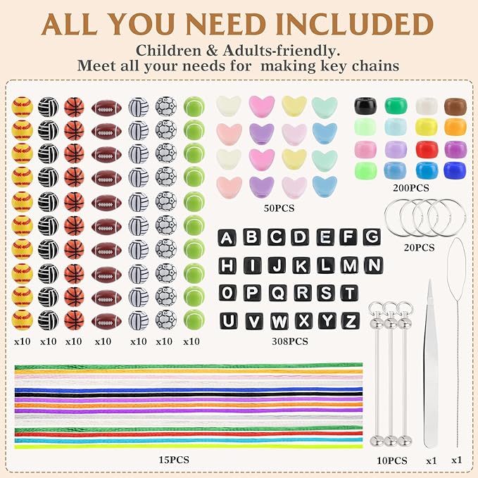wobiogho 675 pcs diy keychain making kit with letter beads & heart beads, personalized beaded key rings and accessories for bracelets, necklaces, backpacks & gifts