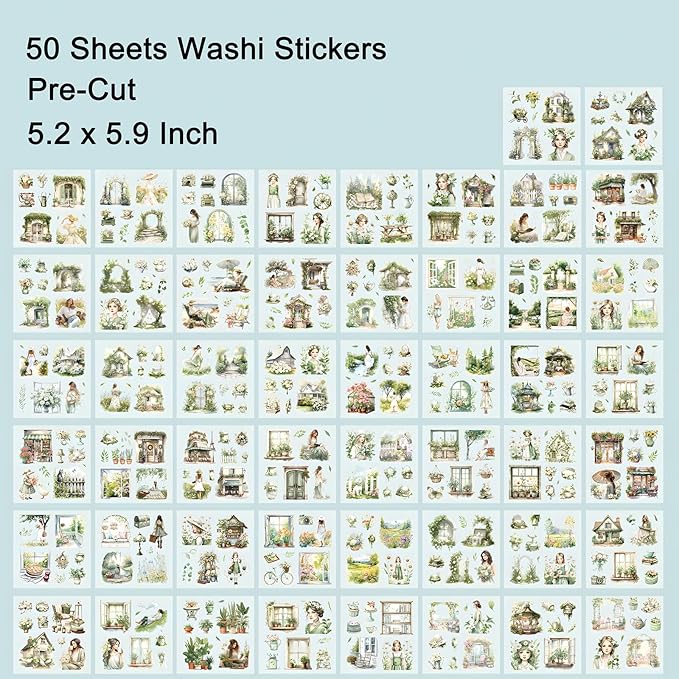 Garden Journal Stickers, 50 Sheets Washi Junk Journaling Sticker Book, Scrapbook Supplies, Watercolor Scrapbooking for Adults, Green Decorative Ephemera Arts Craft