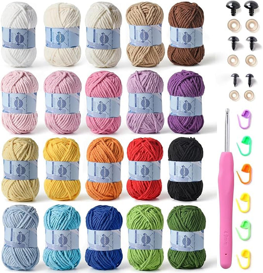 20 Pack Fluff Chenille Chunky Yarn for Crocheting Premier Puzzle - Velvet Baby Crochet Yarn with Black White Purple Pink Blue Coffee Red Khaki Yellow Amigurumi Set B