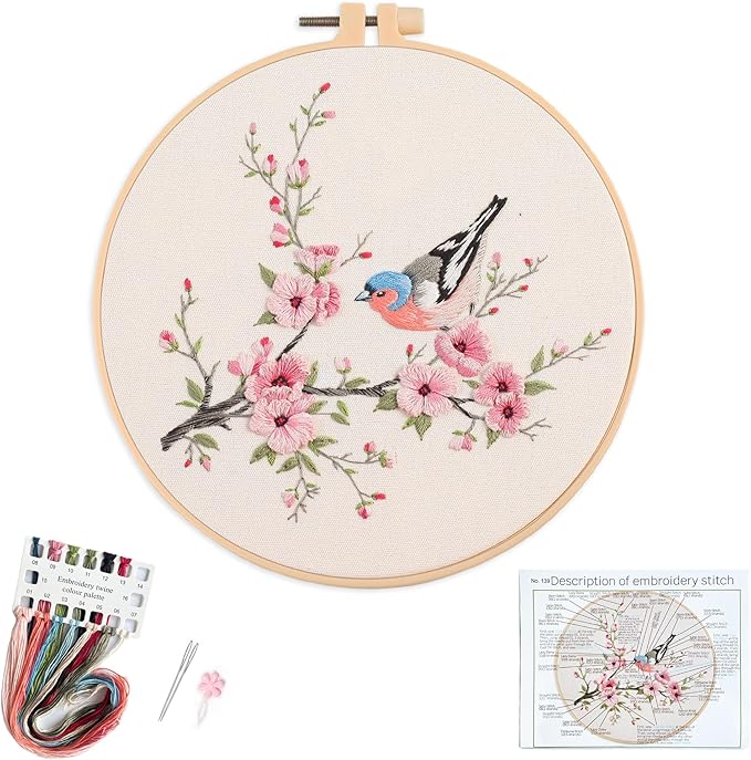 Silentsea Embroidery Kit, Floral and Nature Designs, 3-Pack with Hoops, Needlework Pattern Set (Bird)