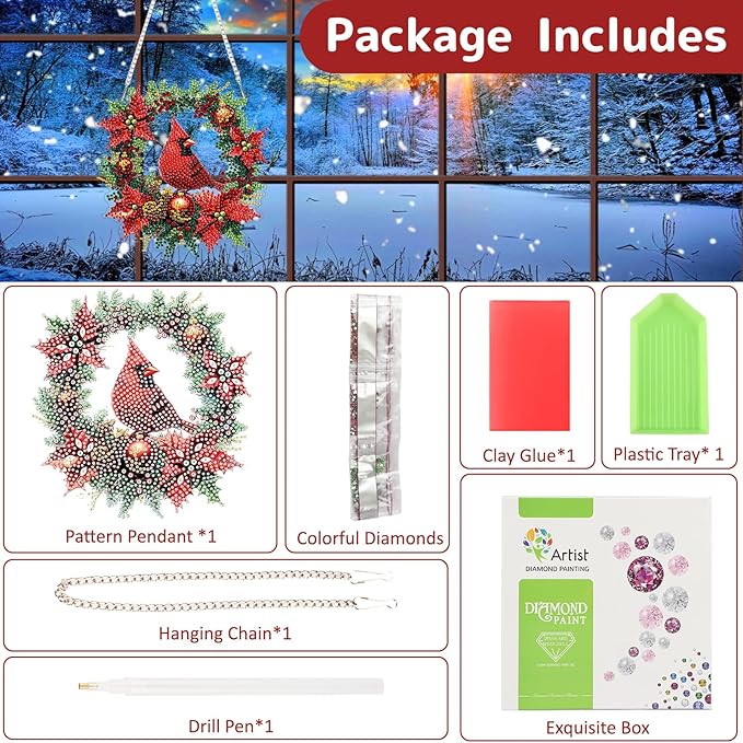 Genius maker Christmas Cardinal Diamond Art Hanging Kits for Adults, Diamond Painting Pendant Kits, DIY Acrylic 5D Special Shaped Crystal Diamonds Gem Art Painting Ornament for Home Wall Decor Gift
