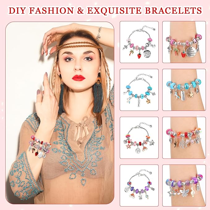 Ferreve 231 Pcs Charm Bracelet Making Kit Snake Chain European Large Hole Beads Dangle Charm with Plastic Storage Box DIY Jewelry Making Craft Gifts for Women(7.5 Inch)