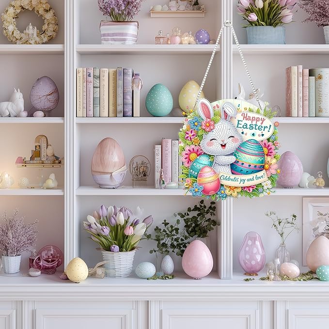 Yunzlly DIY Hanging Easter Diamond Art Pendant Kit, Special Crystal Double Sided Diamonds Painting Ornament Kit for Adults, Acrylic Gem Painting Board for Window&Door&Wall (Happy Bunny)