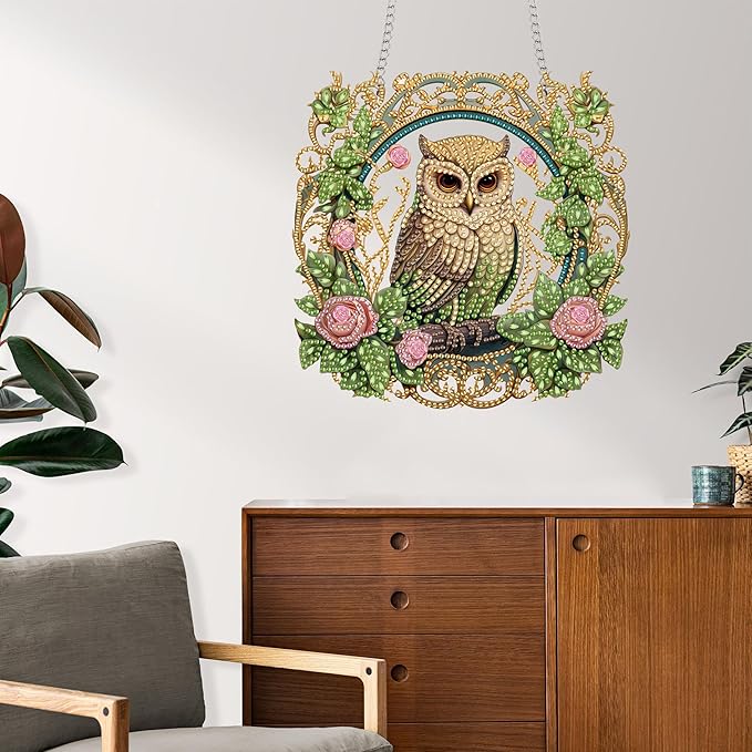 Reofrey Hanging Diamond Art Kits for Adults– 8x8Inch Owls Hanging Ornament Acrylic Board Double Sided Pattern Crystal Diamond Art Suncatcher Pendant, for Home Wall Window Decoration Handmade Gift