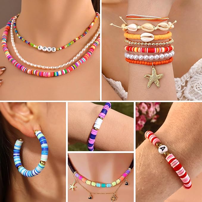 Redtwo 6200 Clay Beads Bracelet Making Kit, 24 Colors Flat Preppy Beads for Friendship Bracelets, Polymer Clay Bead with Charms for Jewelry Making, Crafts Gifts for Girls Ages 6-12