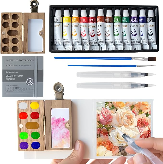 Watercolor Paint Set 12 Colors 8 Pieces Travel Mini Kit Wooden Palette Portable Art Supplies for Adults Beginners Sketching Painting Gift