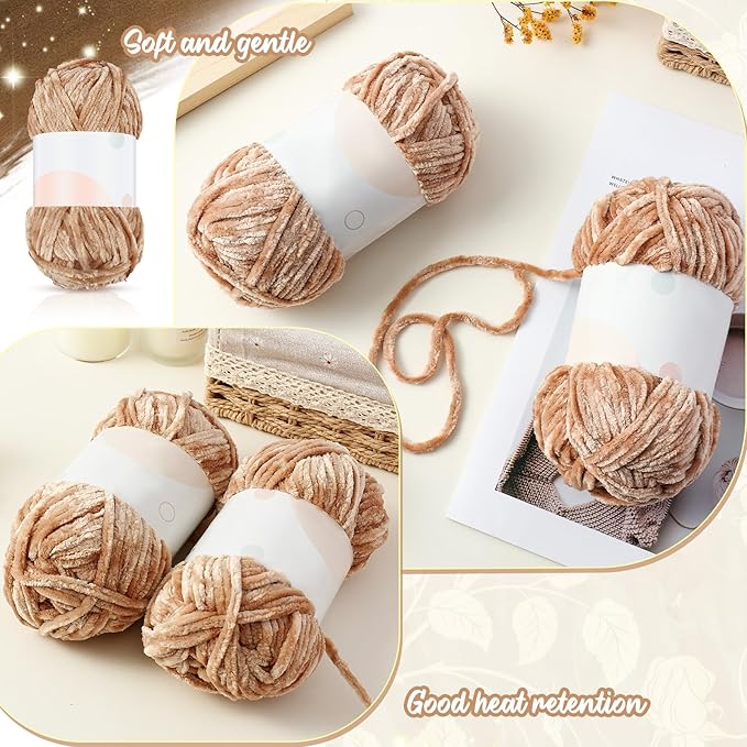 Amylove 6 Rolls Soft Velvet Chenille Yarn for Crocheting 1182 Yards Polyester Blanket Fuzzy Thick Yarn for DIY Knitting Bulky Weaving Crafts, 197 yd, 3.53 oz Each Roll(Camel)