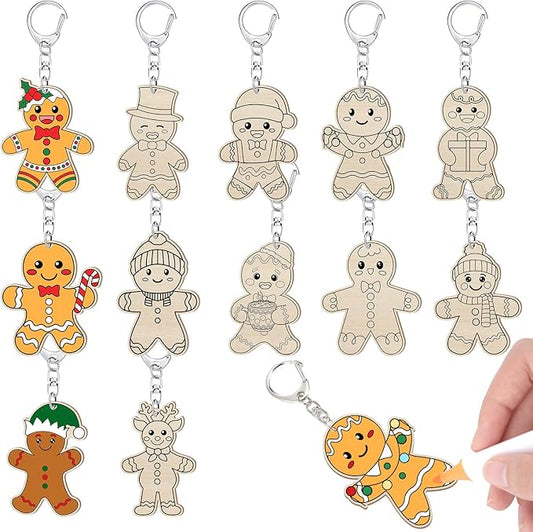 Trnayi 36 Pcs Gingerbread Man Craft Unfinished Wooden Keychains Color Your Own Gingerbread Man Ornament to Paint Blank Wood Painting DIY Crafts for Christmas Party Home Activities Arts Project Decor