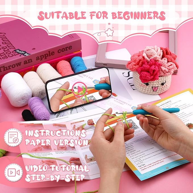 Hssugi Crochet Kit for Beginners, 6PCS Crochet Starter Kit, Potted Plant Coasters Crochet Kit with Step-by-Step Video Tutorials, Crochet Hooks, Learn to Crochet Kits for Adult Beginners