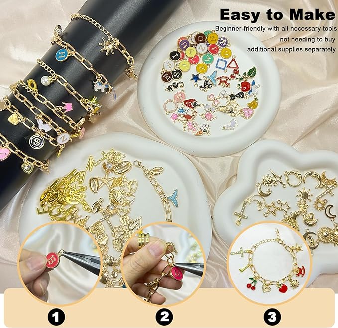 HejVulkan 416 PCS Gold Charm Bracelet Making Kit with Paperclip Chain Bracelets, 153+ Enamel & Gold Charms, Make Your Own Charm Bracelet Kit, Easy Charm Bracelet Making Kit for Women