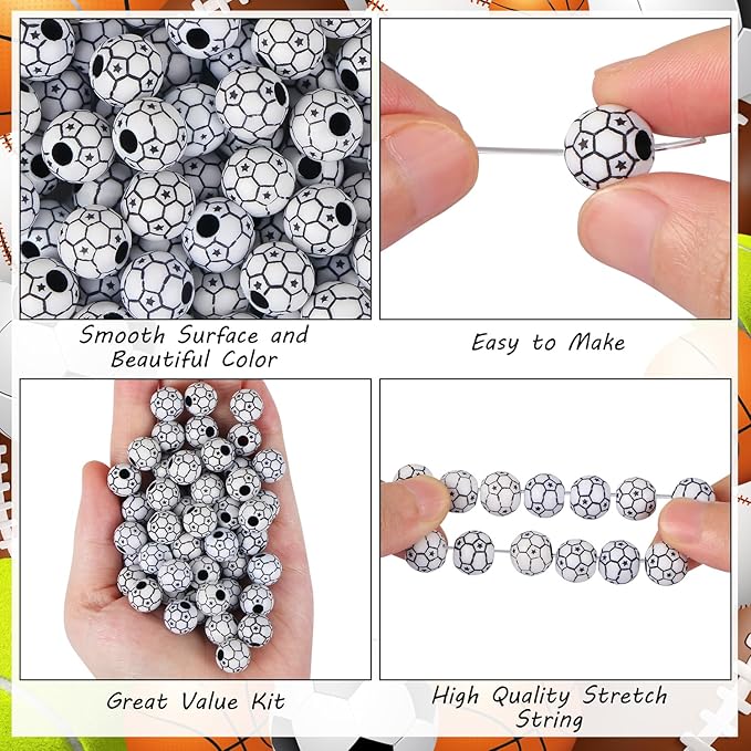 100pcs Soccer Beads with 5.5 Yard Elastic Rope,Acrylic Sports Beads DIY Spacer Bead for Necklace Bracelet Keychains Handmade Jewelry Making Accessories Craft Supplies,12mm(Soccer)