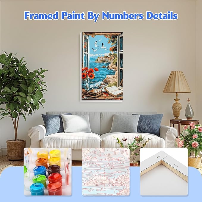 GHHKUD Landscape Paint by Numbers Kits with Frame for Adults Beginners, DIY Seaside Paint by Numbers for Kids, Painting Art on Canvas Gifts Home Wall Decor 20x30cm