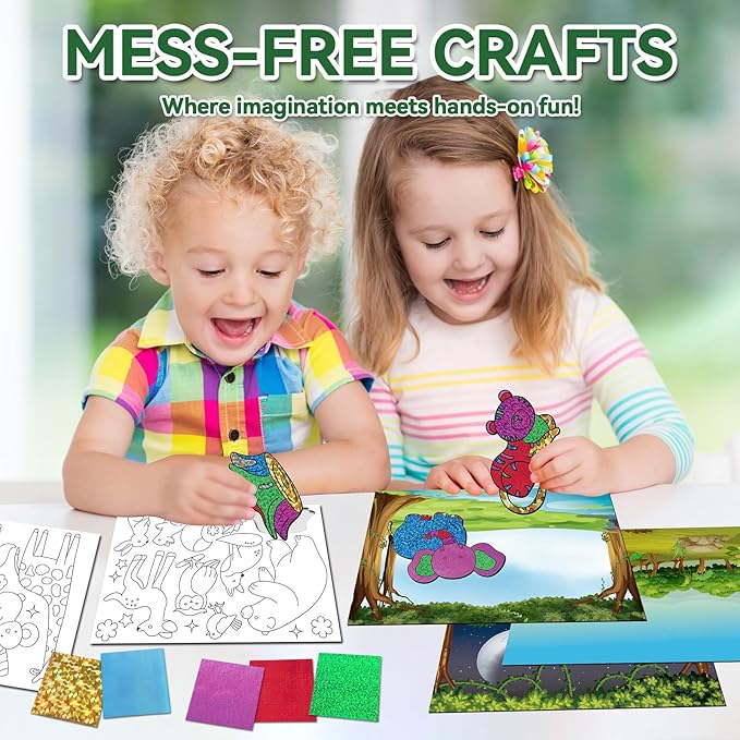 atfunshop magical foil art animals in forest farm sea & birds - no mess foil craft kit for kids ages 4 5 6 7 8 9 fun creative diy activity, ideal birthday gift for girls boys