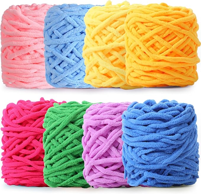 Buryeah 8 Pack Chunky Chenille Yarn for Crocheting Soft Thick Fluffy Yarn for Hand Knitting Bulky Velvet Blanket Plush for Weaving DIY Crafts Each 3.5 oz 55 Yards (Novel Colors)