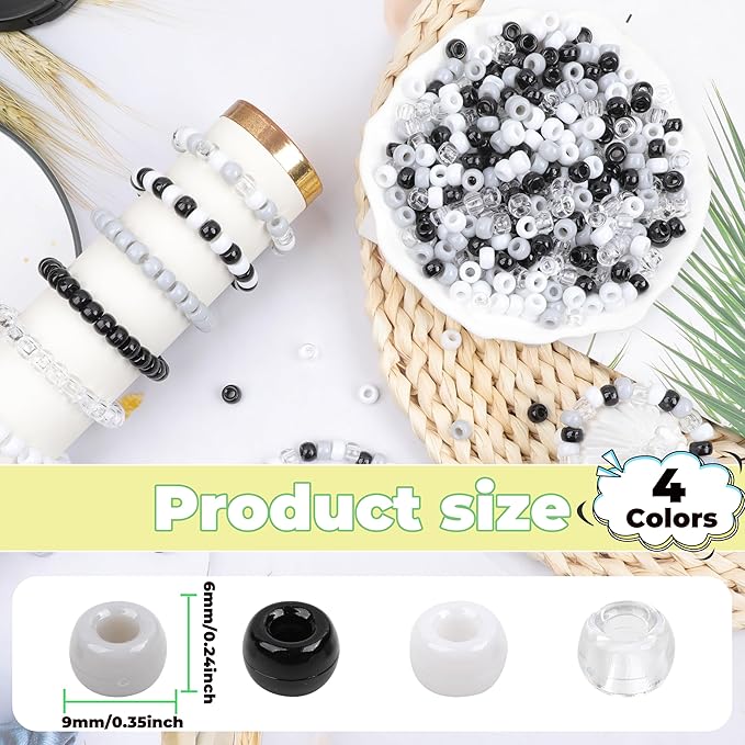 Black White Pony Beads 1000 Pcs Beads for Jewelry Making Plastic Clear Beads for Bracelet 6x9mm Transparent Beads for Hair Braiding Friendship Bracelets(Black White Gray Transparent)