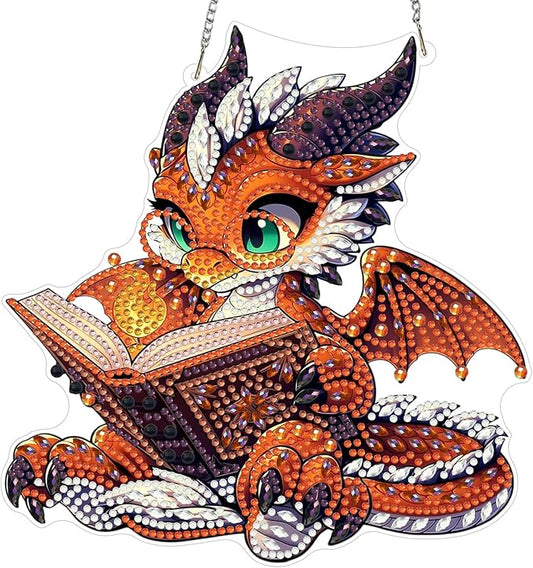 MXJSUA Dragon Reading Book Diamond Painting Art Window Suncatchers, Diamond Art Kits for Adults Hanging Ornaments with Chain, 5D Special Shape Crystal Diamond Pendant Accessories for Decor Gift