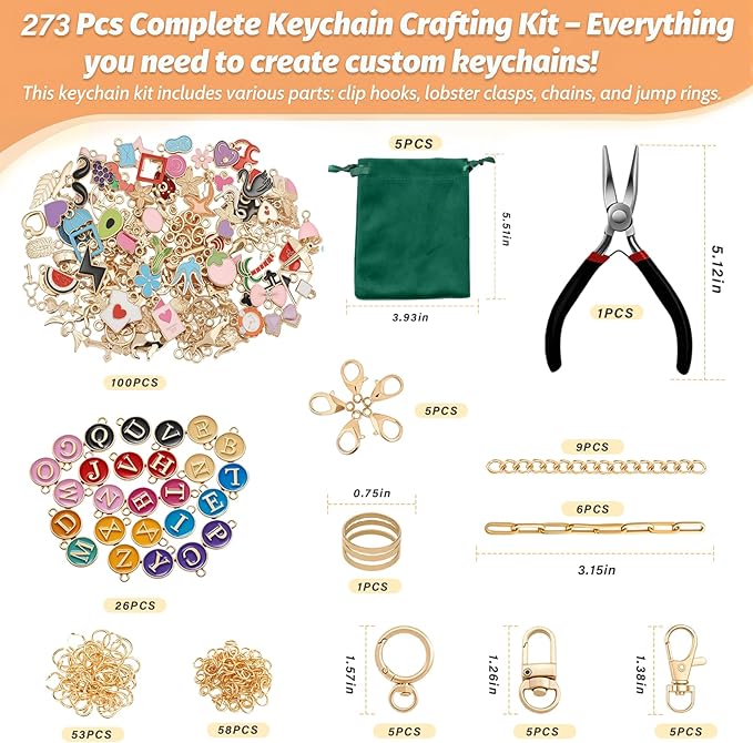 XUHAO7 Ultimate DIY Keychain Craft Kit - 263 Pieces with Tools, Charms - Free 5 Velvet Drawstring Pouches | Make Your Own Keychains, Jewelry & Personalized Gifts (Complete Beginner-Friendly Set)