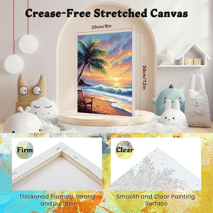 4 Pack Paint by Numbers for Adults with Framed Canvas - with Wooden Easel, Beach Paint by Number on Canvas, DIY Sea Turtle Acrylic Oil Painting Kits with Brushes for Home Wall Decor (8x12 inch)
