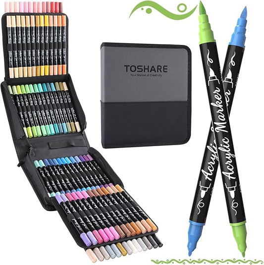 80 Colors Acrylic Paint Markers - Waterproof Dual Tip Acrylic Paint Pens with Brush & Fine Tip Professional Marker Set Scrapbook Markers for Paper Rock Wood Fabric Glass Ceramic and DIY Crafts