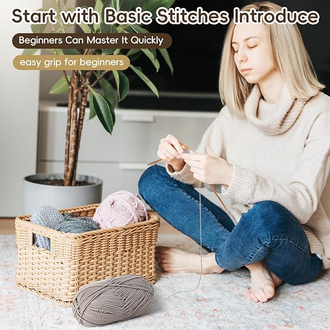 GliCraft Knitting Kits for Beginners Adults Hat Knit Kit with Yarn, Knitting Needles, Faux Pom, Scissors, Measuring Tape Practical and Easy to Use Complete Beginners for Women Men Present(Warm Grey)